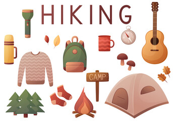 Set of vector hiking elements in cartoon style. Isolated on white background. Tourism.
