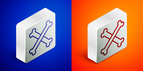 Isometric line Crossed bones icon isolated on blue and orange background. Pets food symbol. Happy Halloween party. Silver square button. Vector