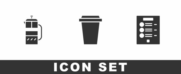 Set French press, Coffee cup to go and menu icon. Vector