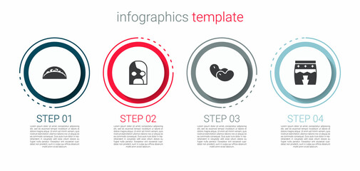 Set Taco with tortilla, Mexican wrestler, Beans and Huehuetl. Business infographic template. Vector