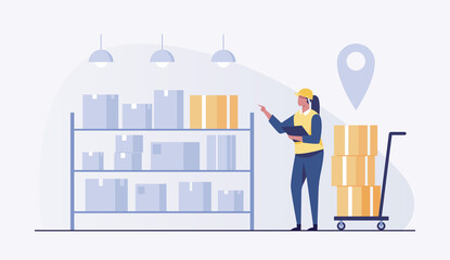Woman in warehouse checking inventory levels of goods on shelf.  vector illustration