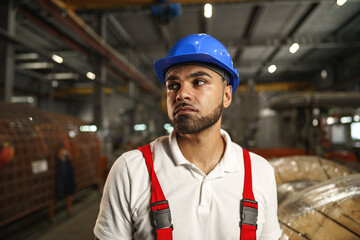 Portrait of young tired african american workman in cable production plant