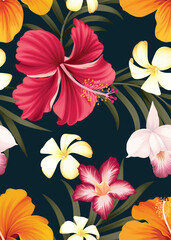 Seamless pattern of hibiscus flowers and palm leaf background template. Vector set of floral element for tropical print, wedding invitations, greeting card, brochure, banners and fashion design.