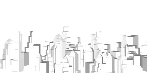 Building perspective, Cityscape on white background, Modern building in the city skyline