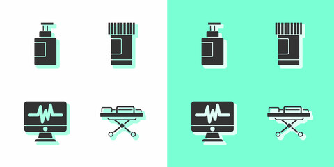 Set Stretcher, Hand sanitizer bottle, Monitor with cardiogram and Medicine pills icon. Vector