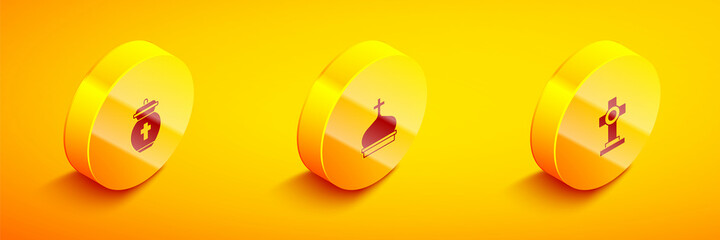 Set Isometric Funeral urn, Church tower and Grave with cross icon. Vector