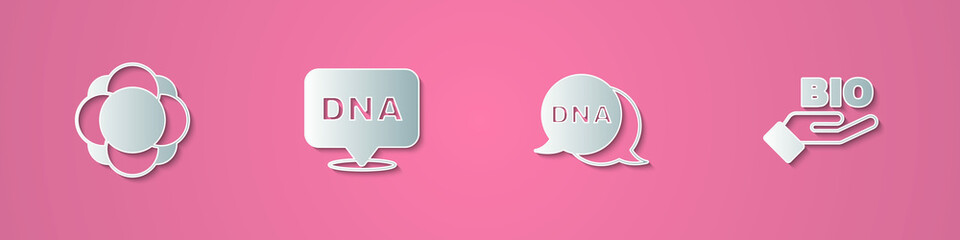 Set paper cut Molecule, DNA symbol, and Bio healthy food icon. Paper art style. Vector
