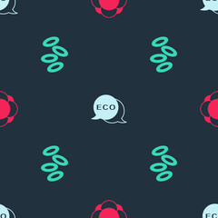 Set Molecule, Label for eco healthy food and Hemoglobin on seamless pattern. Vector