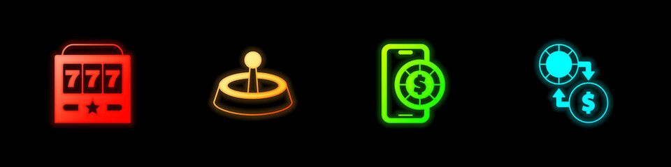 Set Slot machine with jackpot, Casino roulette wheel, Online poker table game and chips exchange on money icon. Vector