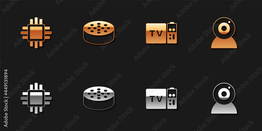 Poster Set Processor with CPU, Water sensor, Multimedia and TV box receiver and Web camera icon. Vector