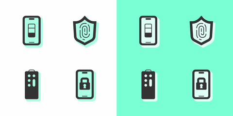 Set Digital door lock, Smartphone battery charge, Remote control and Fingerprint icon. Vector