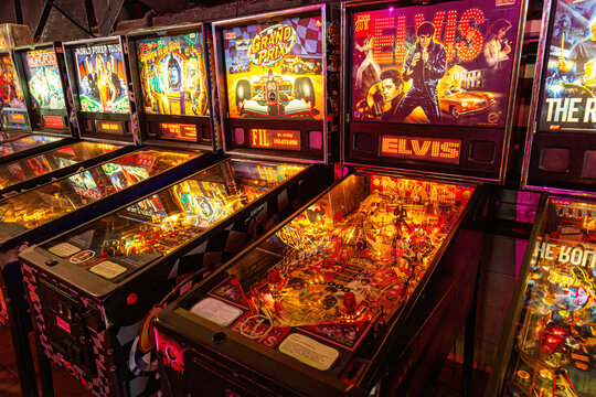 Moscow, Russia - April 29, 2021: Pinball museum. Pinball table close up view of vintage game machine