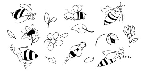 Fototapeta premium Set of cartoon wasps. Wasps and flowers isolated on white background. Children's vector illustration.