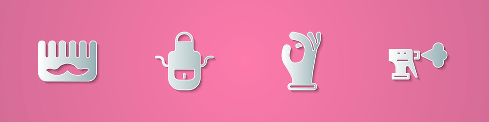 Set paper cut Hairbrush, Barber apron, Medical rubber gloves and Hairdresser pistol spray bottle icon. Paper art style. Vector