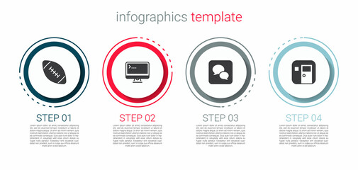Set American football ball, Computer monitor, Speech bubble chat and School classroom. Business infographic template. Vector