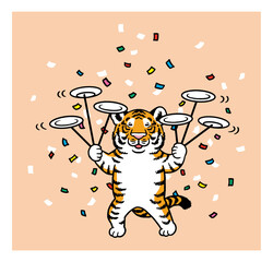 紙吹雪の中皿回しをするトラのイラスト