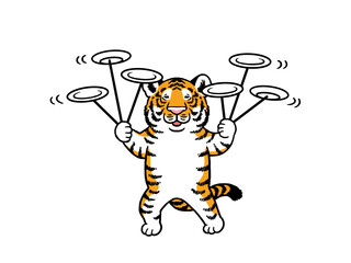 皿回しをするトラのイラスト