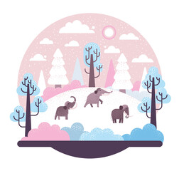 Large woolly mammoth walking on an ice floe. Vector illustration with hill, trees in the snow and three prehistoric animals