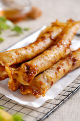 Piscok or banana chocolate is  traditional snacks from Indonesia. made of fried banana wrapped in spring roll skin.