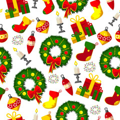 Holiday decorations and toys. Seamless Christmas pattern. Vector illustration. Winter texture. Digital Documents Christmas.