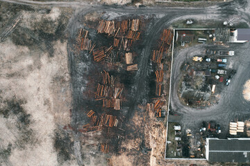 Sawmill. Felled trees, logs stacked in a pile. View from above. Industrial background.