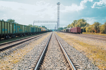Fototapeta na wymiar Railway road leading into the distance in daylight. Railroad tracks with freight trains.