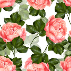 Seamless floral pattern of pink roses on white background