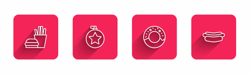 Set line Burger and french fries, Canteen water bottle, Donut and Hotdog sandwich with long shadow. Red square button. Vector