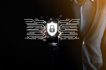 Cyber security network. Padlock icon and internet technology networking. Businessman protecting...