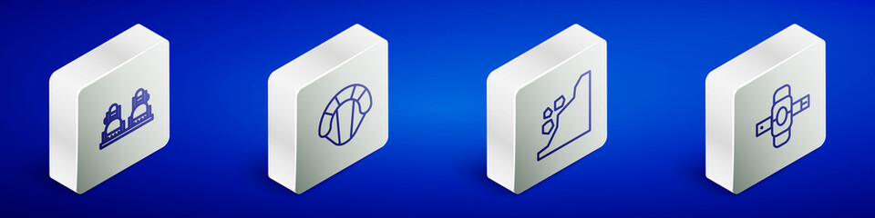 Set Isometric line Snowboard, Parachute, Landslide and Knee pads icon. Vector