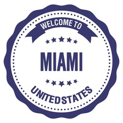 WELCOME TO MIAMI - UNITED STATES, words written on blue stamp