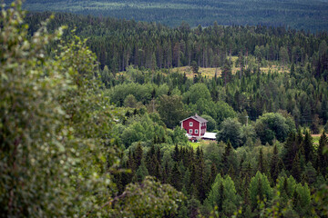 Fototapeta na wymiar red house landscape with trees, åre, sverige,norrland,sweden,