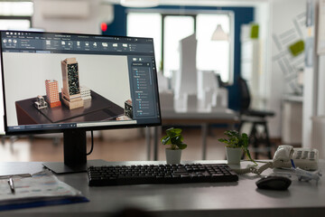 Empty office for architects with computer on desk board blueprint technology equipment. Table for architectural design plan, workplace with notepad tools stationery telephone