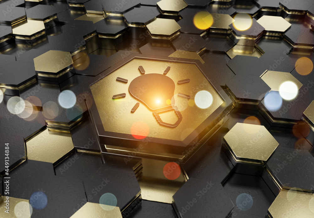 Aufkleber Lightbulb icon creativity concept engraved on metal hexagonal pedestral background. Innovation symbol glowing on abstract digital surface. 3d rendering