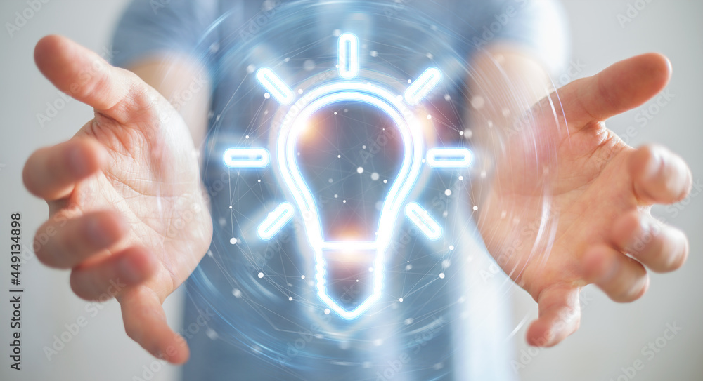 Fototapete man using lightbulb neon digital interface 3d rendering