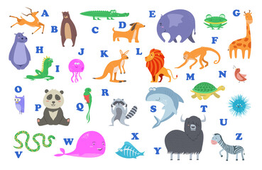 Set of Cute cartoon wild and farm domestic animals and birds isolated on white transparent background. Vector flat design children illustration. Alphabet for kids