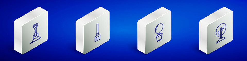 Set Isometric line Shovel in the ground, Garden rake, Flower pot and Tree icon. Vector