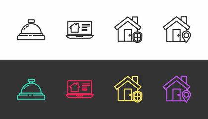 Set line Hotel service bell, Online real estate house, House under protection and Location with on black and white. Vector