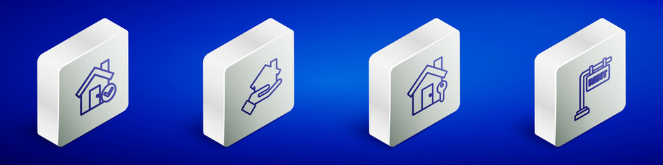 Set Isometric line House with check mark, Realtor, key and Hanging sign Rent icon. Vector