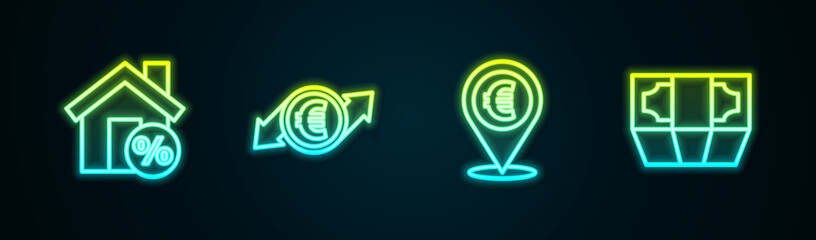 Set line House with percant discount, Financial growth and euro coin, Cash location and Stacks paper money cash. Glowing neon icon. Vector