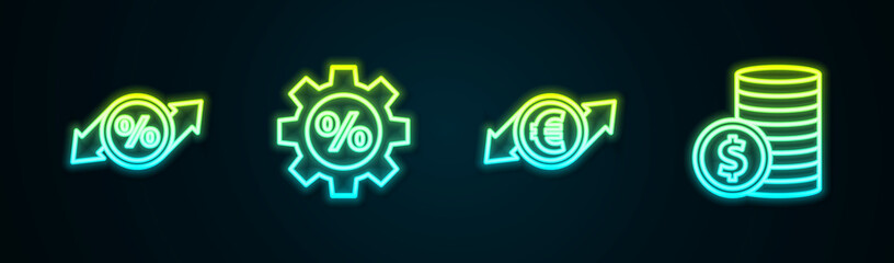 Set line Discount percent tag, Gear with, Financial growth and euro coin and Coin money dollar. Glowing neon icon. Vector