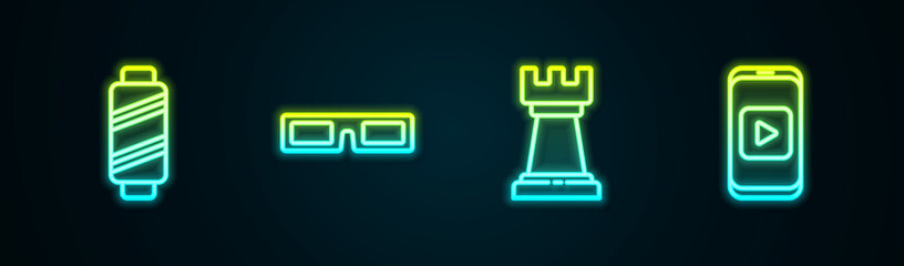 Set line Sewing thread on spool, Cinema glasses, Business strategy and Online play video. Glowing neon icon. Vector