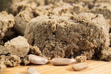 Sunflower halva close-up macro selective focus. Pieces of halva. Oriental sweets