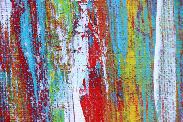 Red, yellow, blue and white abstract art background. Acrylic  on canvas. Rough brushstrokes of paint.