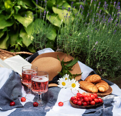 Summer picnic in lavender field.
