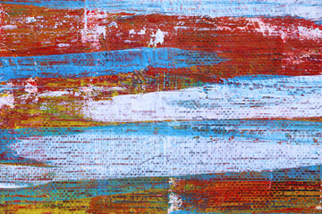 Red, yellow, blue and white abstract art background. Acrylic  on canvas. Rough brushstrokes of...