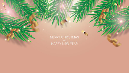 Merry Christmas and Happy New Year Banner. Beige Background. Christmas Lights and Sparkles with Serpentine and Confetti 