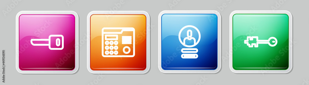 Poster set line key, house intercom system, create account screen and old key. colorful square button. vect