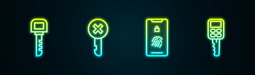 Set line Key, Wrong key, Mobile with fingerprint scan and Car remote. Glowing neon icon. Vector