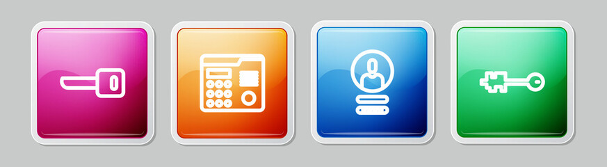 Set line Key, House intercom system, Create account screen and Old key. Colorful square button. Vector